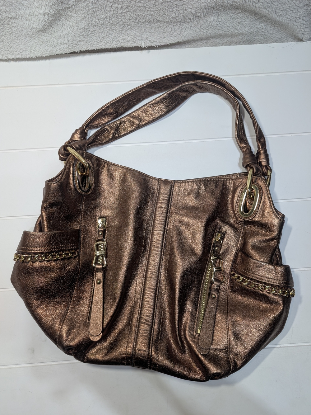 Vintage B. Makowsky Metallic Bronze Leather Shoulder Bag Gold Hardware